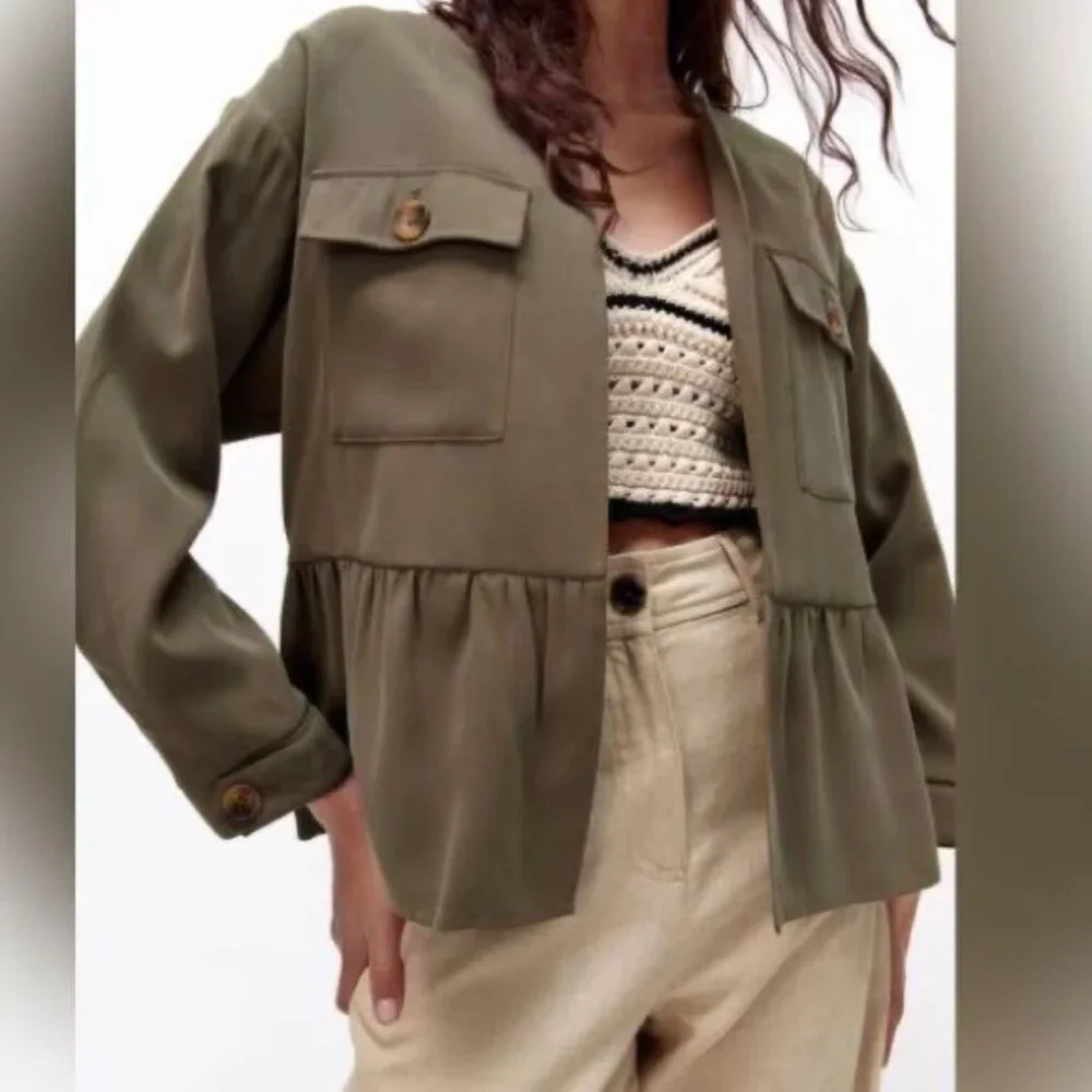 NWT ZARA Viscose Blend Ruffle Peplum Army Green Jacket Open Front 4968/068/M‎